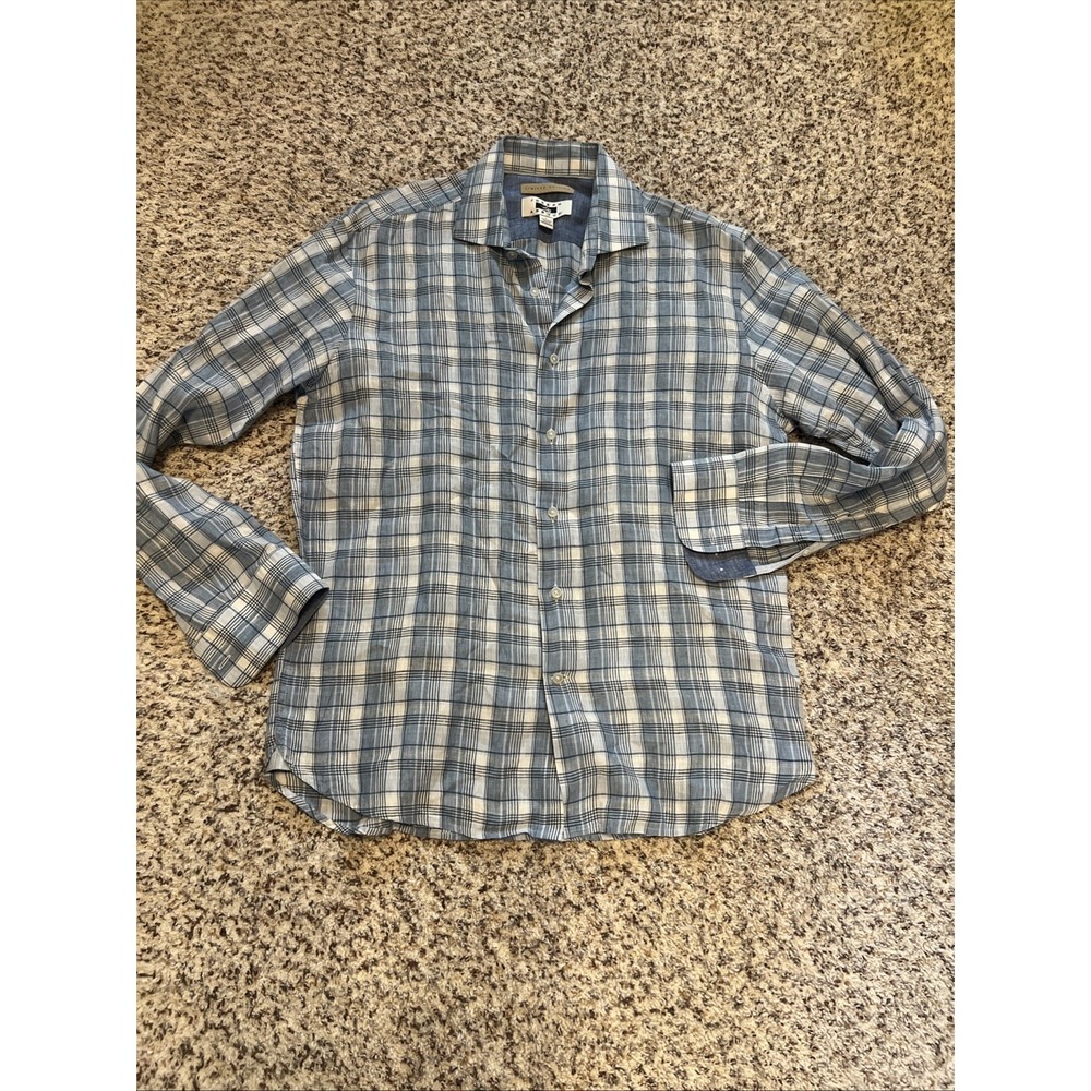 Joseph Abboud 100% Linen Blue Plaid Long Sleeve Button Down Size L‎ New